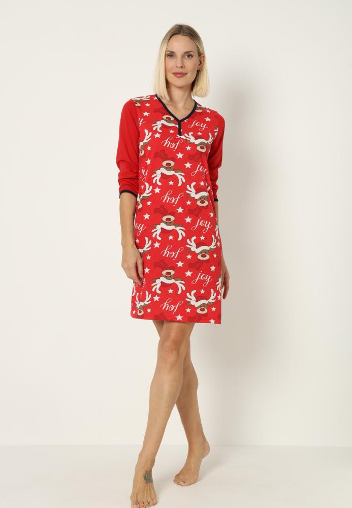 Camasa de noapte Craciun,imprimeu reni,culoare rosu ,En-gros